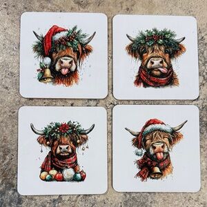 Festive Highland Cow Coasters Set